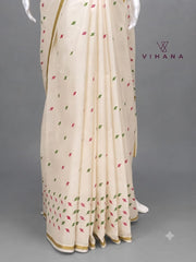Kerala Set Saree with Jasmine Bud Design-VS355