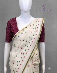 Kerala Set Saree with Jasmine Bud Design-VS355