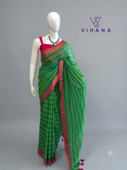 Mul Cotton Saree – Blue & Green Striped Pattern with Kanchi Border – VS521