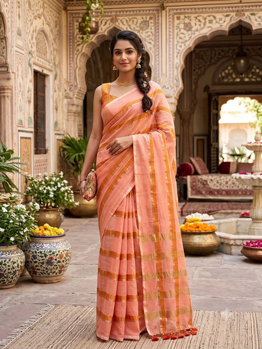 Orange 120 Count Pure Mulcotton Saree-VS201