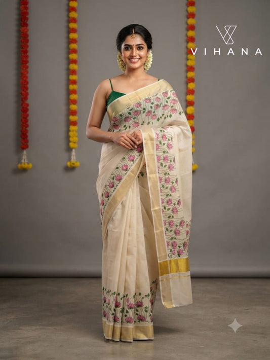 Kerala Tissue Saree With pink Lotus Motifs and Golden Kasavu Border-VS151