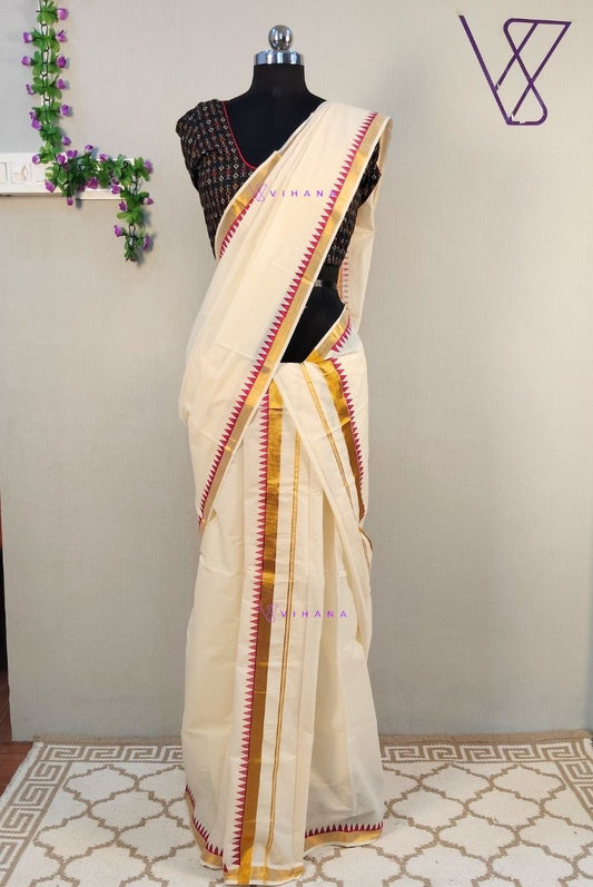 Bright Red Komma Design Kerala Cotton Set Mundu