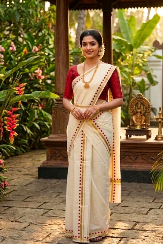 Bright Red Polka Dot Cotton Set Mundu