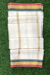 Classic Kerala Kasavu Set Saree with Multicolour Temple Border