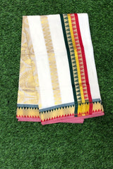 Classic Kerala Kasavu Set Saree with Multicolour Temple Border