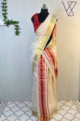 Classic Kerala Set Mundu with Red and Gold Border