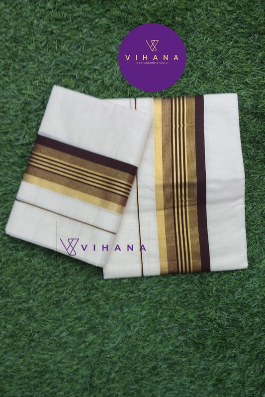 Classic Off-white Set Mundu with Golden and Brown Kasavu Border