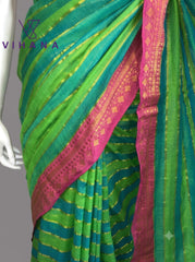 Mul Cotton Saree – Blue & Green Striped Pattern with Kanchi Border – VS521