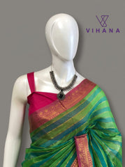Mul Cotton Saree – Blue & Green Striped Pattern with Kanchi Border – VS521