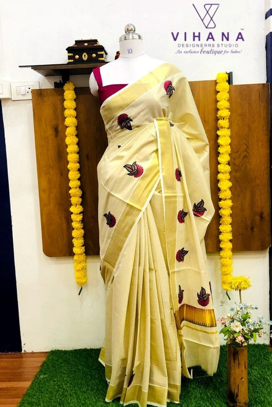Golden Tissue Set Saree-Leaf Motifs