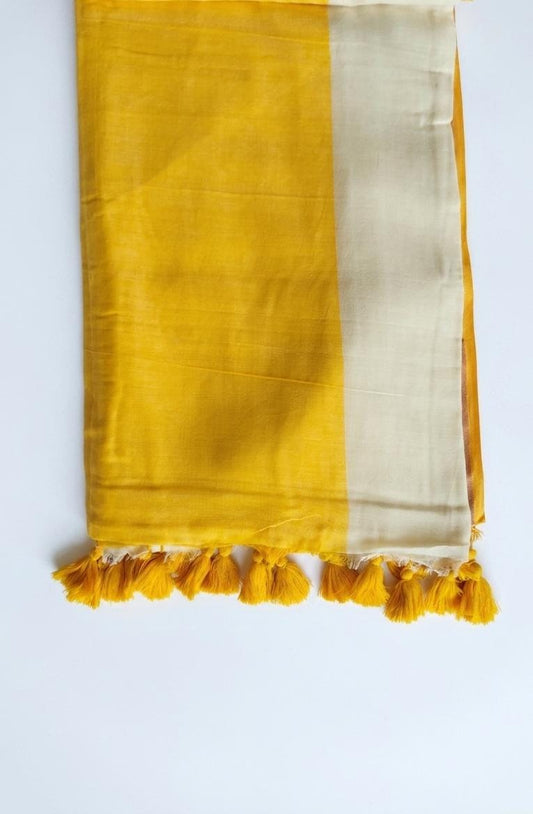 Pure 120 Count Half Dyed Off white and Yellow Mul Cotton Saree