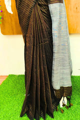 Brown Golden Zari Striped Khadi Cotton Saree