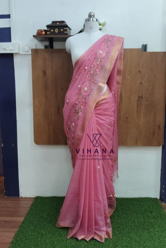 Pink Kota Doria Organza Silk Sareee