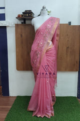Pink Kota Doria Organza Silk Sareee
