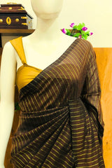 Brown Golden Zari Striped Khadi Cotton Saree