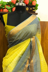 Elegant Dual Tone of Grey and Yellow Kota Doriya Organza Silk Saree
