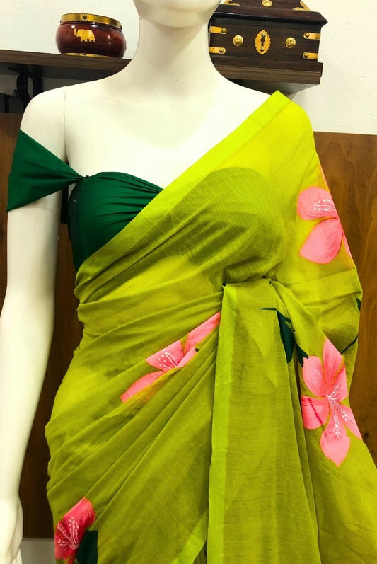 Lime Green Mul Mul Cotton Saree with Pink Floral Designs