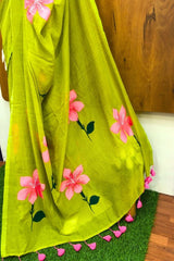 Lime Green Mul Mul Cotton Saree with Pink Floral Designs