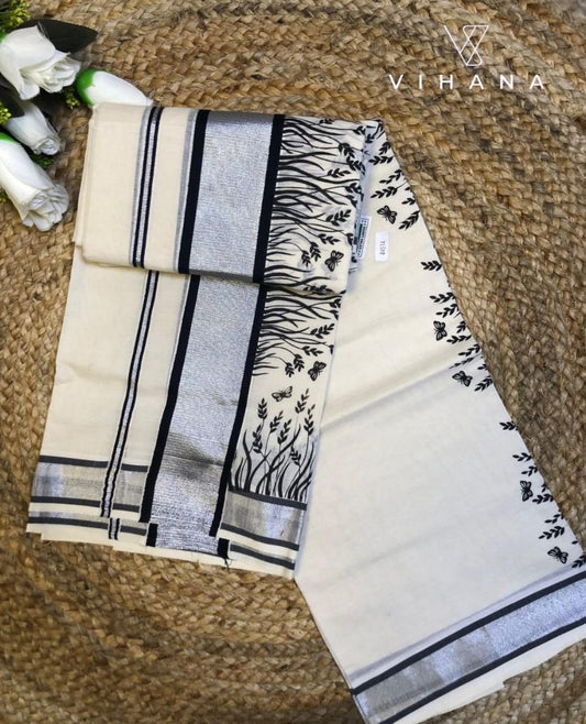 Kerala Cotton Set Mundu Silver Border Off White Color  Print-VS484
