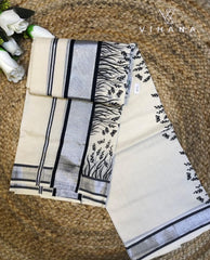 Kerala Cotton Set Mundu Silver Border Off White Color  Print-VS484