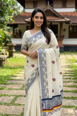 Traditional Kerala Cotton Set Saree with Mandala Patterns and Vibrant Leaf Motifs