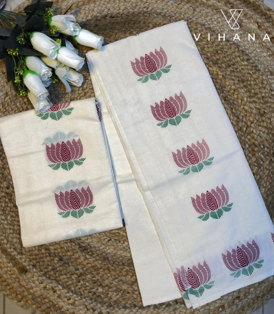 Kerala Cotton Set Mundu Off White Color Print-VS485
