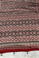 Red and Black Combination Ajrakh Print Satin Modal Silk Saree