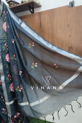 Blueish Grey Kota Doria Organza Silk Saree