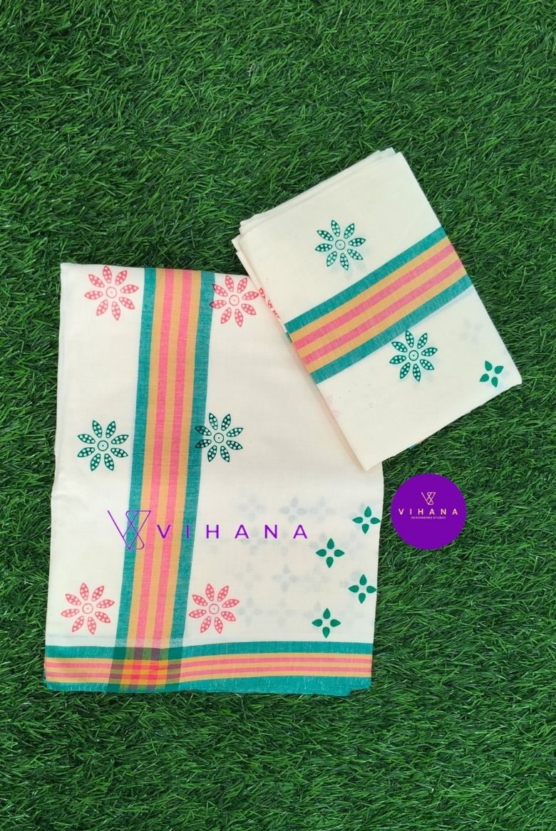 Tradition Cotton Set mundu with Green and Pink Floral Designs