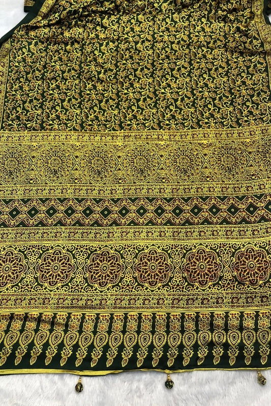 Green Ajrakh Print Satin Modal Silk Saree