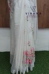 White Kota Doria Organza Silk Saree