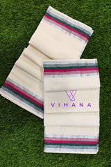 Kerala Cotton Set mundu with Maroon and Green Borders