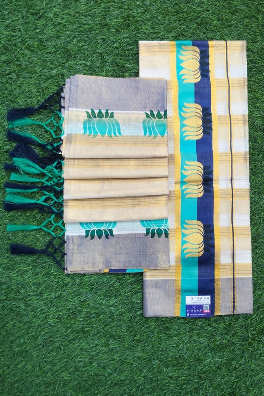 Traditional Tissue Cotton Set Mundu with Stripes and Lotus Design Borders