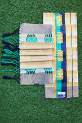 Traditional Tissue Cotton Set Mundu with Stripes and Lotus Design Borders