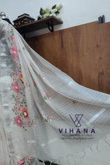 White Kota Doria Organza Silk Saree