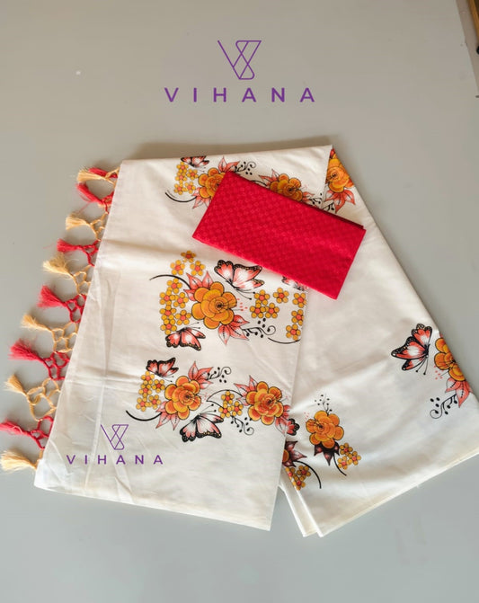 Kerala Set Saree with Floral Print Design-VS348