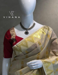 Kerala Premium Tissue Set Saree Jacquard Pecocok Print-VS364