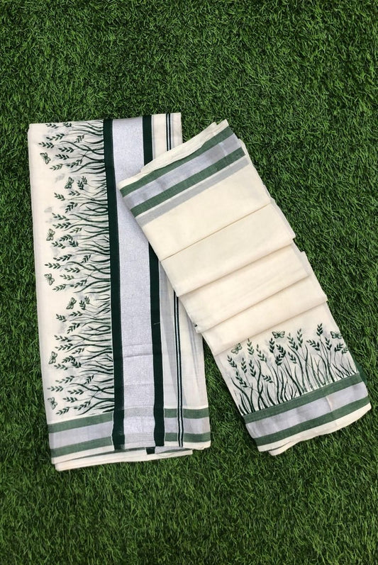 Elegant Cotton Set Mundu with Green Leaf Print