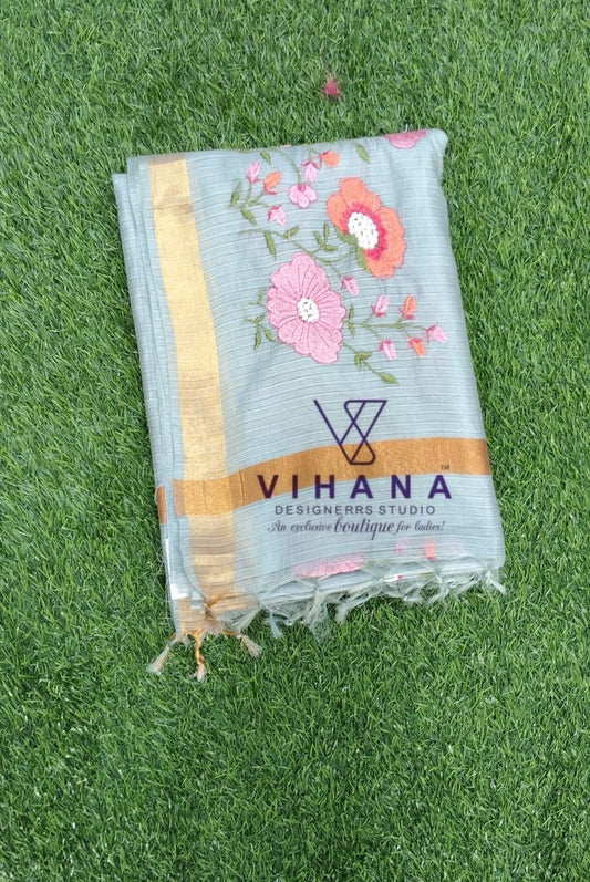 Grey Kota Doria Organza Silk Saree