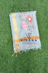 Grey Kota Doria Organza Silk Saree