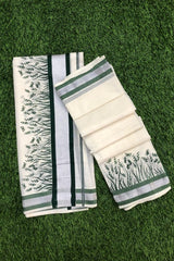 Elegant Cotton Set Mundu with Green Leaf Print