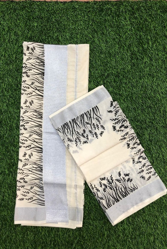 Elegant Cotton Set Mundu with Silver Border and Black Leaf Print