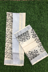 Elegant Cotton Set Mundu with Silver Border and Black Leaf Print