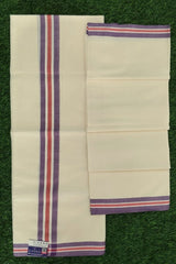 Kerala Mulloth Cotton Set Mundu with Dark Lavender and Red Striped Border.