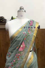Grey Kota Doria Organza Silk Saree