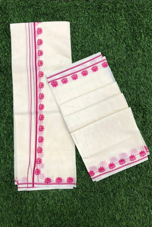 Kerala Cotton Set Mundu with Lotus Print