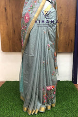 Grey Kota Doria Organza Silk Saree