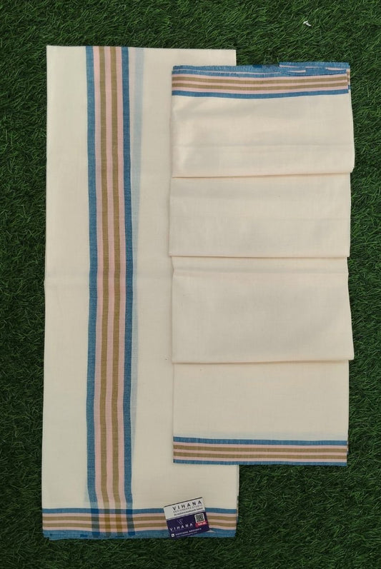 Pure Cotton Mulloth Set Mundu with Blue and Light Pink Border