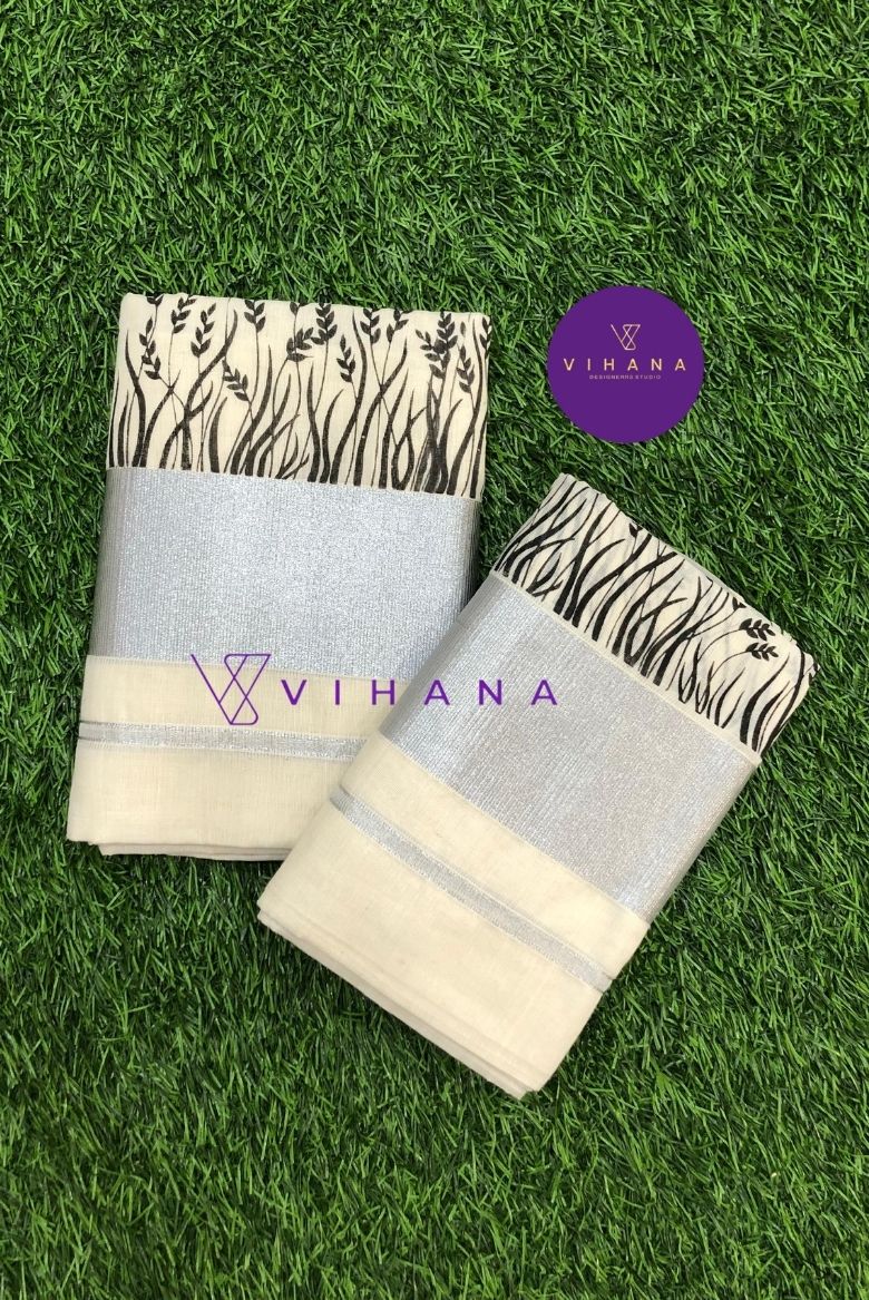 Elegant Cotton Set Mundu with Silver Border and Black Leaf Print