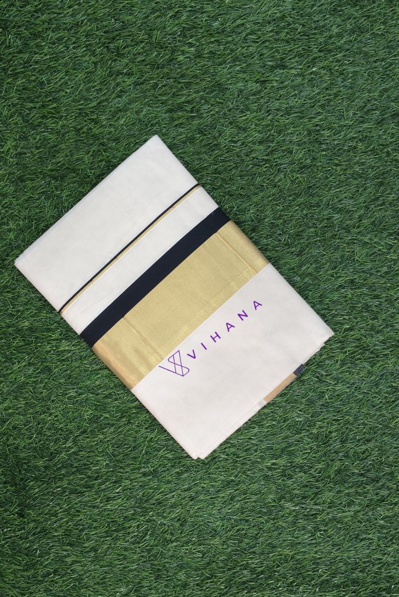 Traditional Kerala Cotton Set Saree with Black and Golden Kasavu Borders